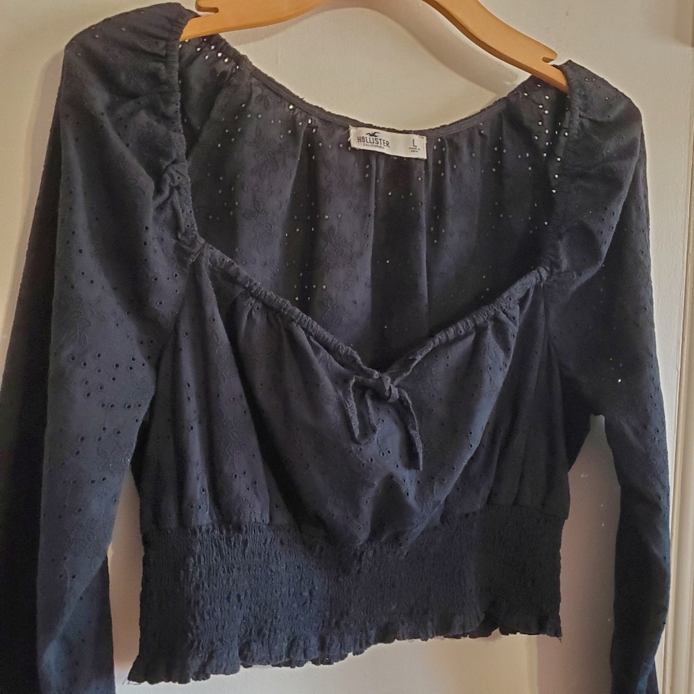 Hollister Black Eyelet Embroidered Flower Milkmaid Top Size L Coquette Cottage - Picture 3 of 13